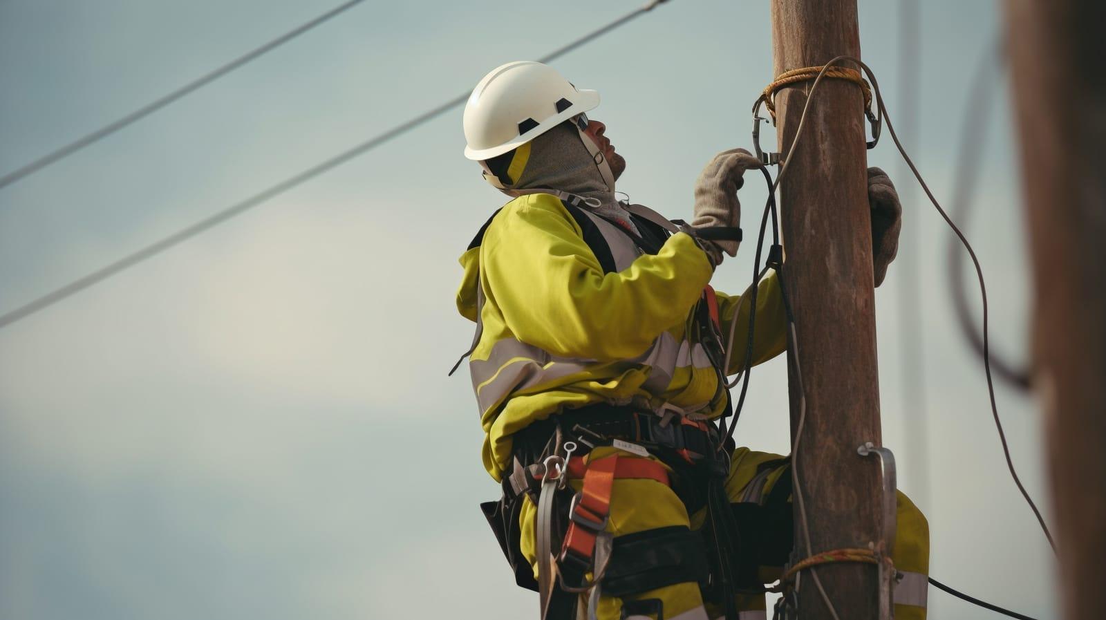 Technicien intervenant sur un poteau électrique